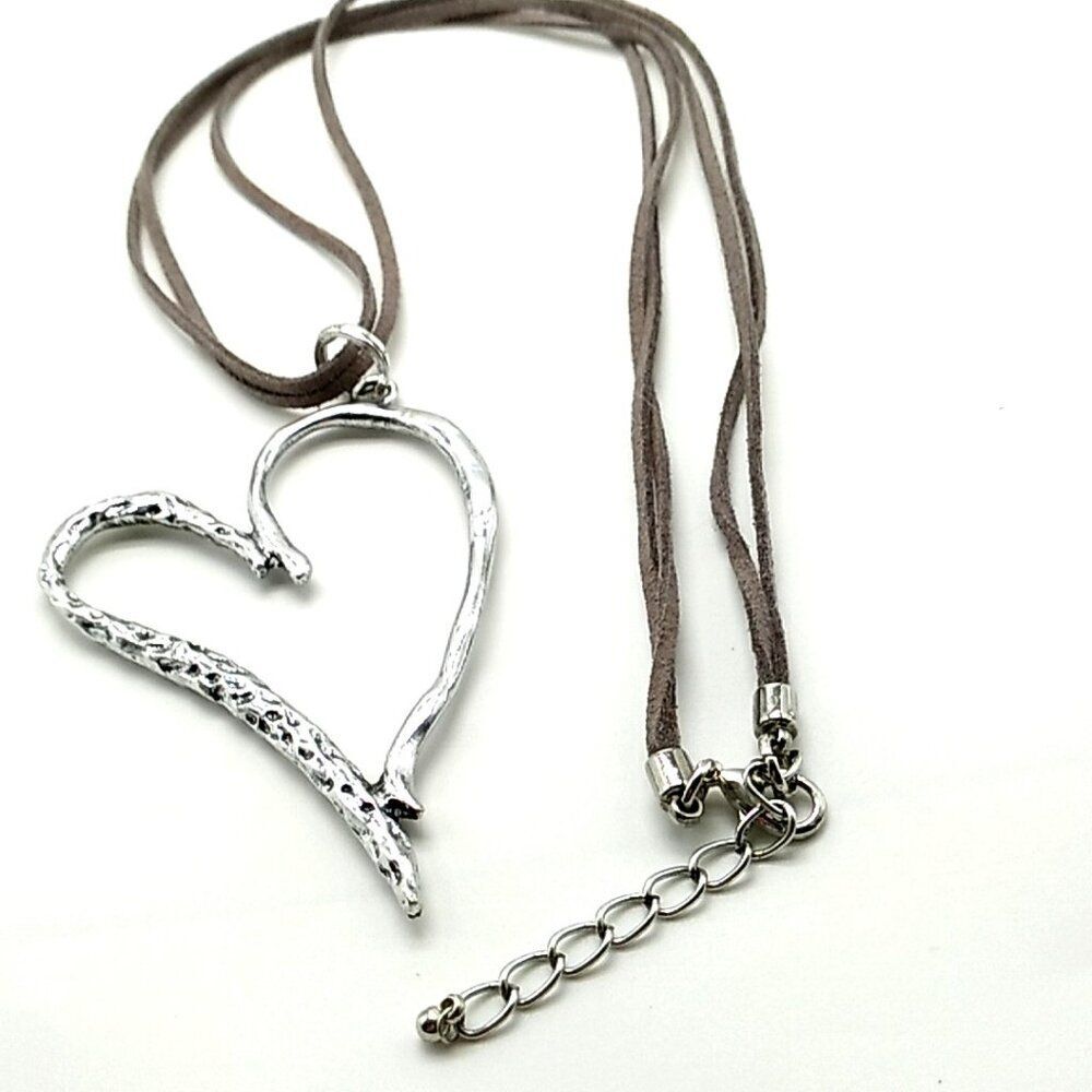 Hollow Heart Necklace Silver-tone Large Pendant on Long Gray Leather Cord